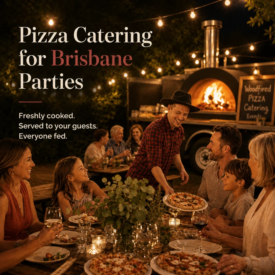 Group of people enjoying pizza at outdoor Brisbane party with woodfire oven.